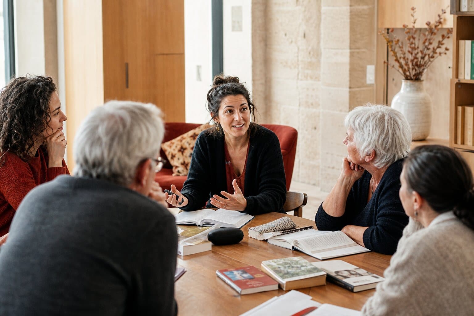 Atelier intergénérationnel de conversation autour d’une table.